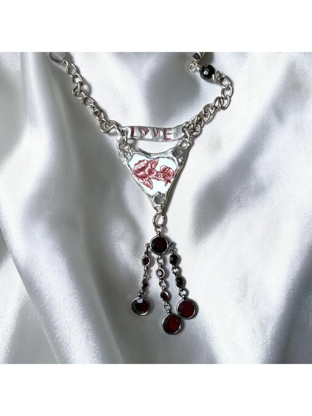 Repurposed Porcelain Love Banner Necklace - Vintage Garnet Tassel - Silver Chain